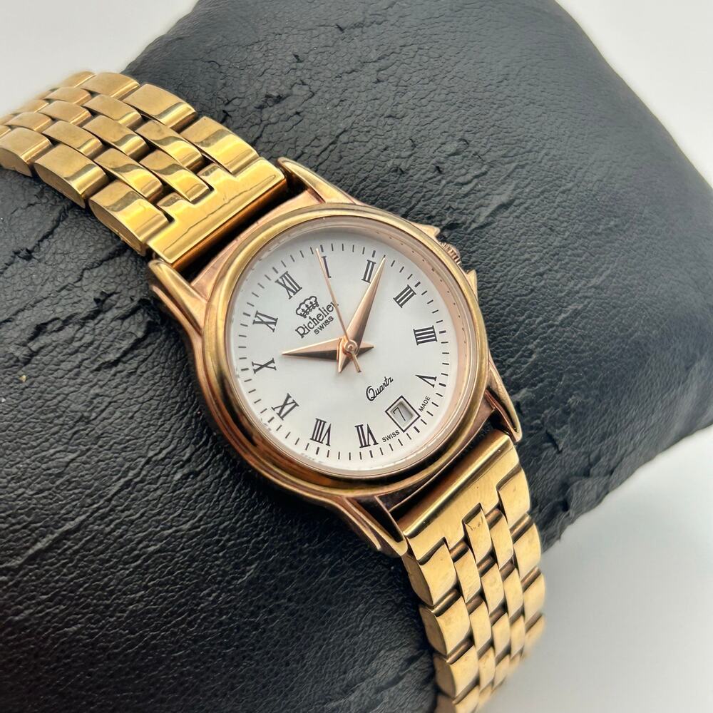 Richelieu Swiss Rose-gold White Dial St. Steel Quartz Watch Working New Battery - Picture 3 of 8